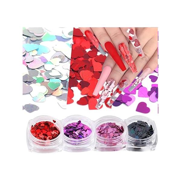 Heart Nail Glitter Sequins 3D Laser Art Flakes for Valentine's Day Ultra-Thin Holographic Sparky Mixed Size 4mm 3mm Red Black Purple Shaped Sticker Decorations 4 Boxes.