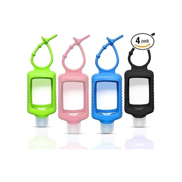 4 Pack Travel Size Plastic Clear Bottles w/Silicone Sleeve Refillable Empty Squeeze Containers Leakproof Flip Cap Keychain Hand Sanitizer Holder for Backpack Outdoor (60ml/2oz) (A)