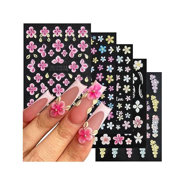 5D Embossed White Flowers Nail Stickers, 5 Sheets Self-Adhesive Floral Decals, Spring Rose Butterfly Art, 3D Acrylic for Manicure Decor