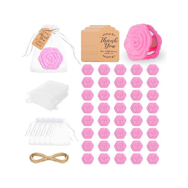 30 Set Rose Compact Mirror Bulk Wedding Favors, Bridal Shower Party Favors for Guests Roses Shape Portable Folding Mirrors with Thank You Tag and Organza Bag (Rose Gold)