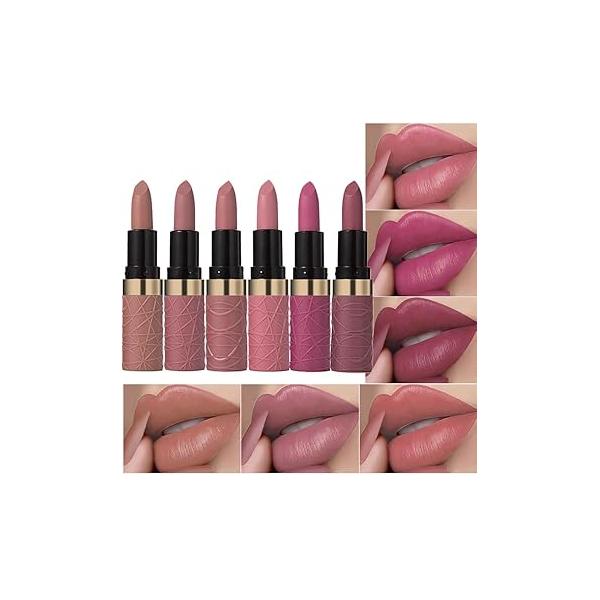 6 Pcs Nude Pink Brown Rose Red Purple Matte Lipstick Set for Women Long Lasting Waterproof Moisturizing Lipsticks Older 24 Hours Lip Stick Stain Makeup Gift Kit,Lip Vegan