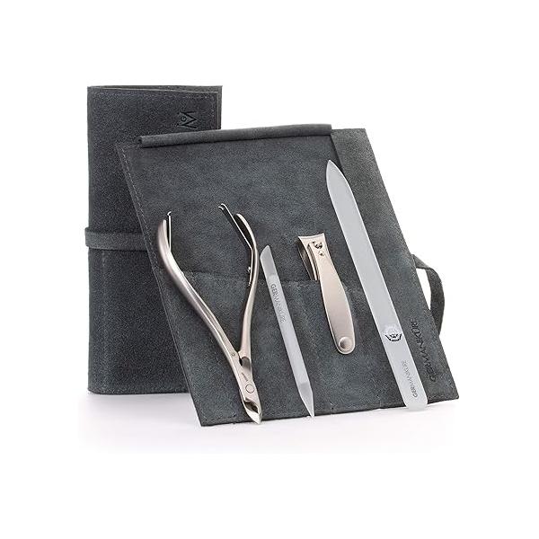 GERMANIKURE 4pc Manicure Set in Purple Suede Case - FINOX Stainless Steel Tools Made Germany, Glass Nail Care Supplies Czech Republic - Professional Cuticle and Kit