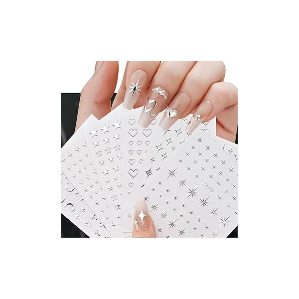 Stars Nail Art Stickers Cute Heart Star Self-Adhesive DIY Decals 6 Sheets Silver Cross Moon for Sparkling Design Decoration Women Decorations