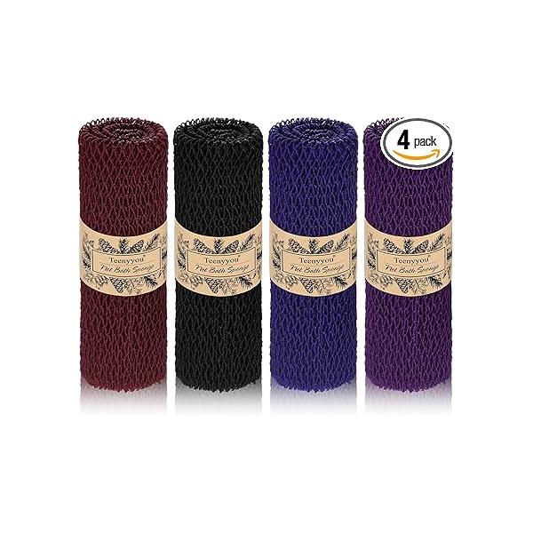 4 Pieces African Net Sponge Colorful Real Exfoliating Bath Cloth Long Washcloth Towel Body Exfoliator Back Scrubber for Shower (Burgundy Purple Black Blue)