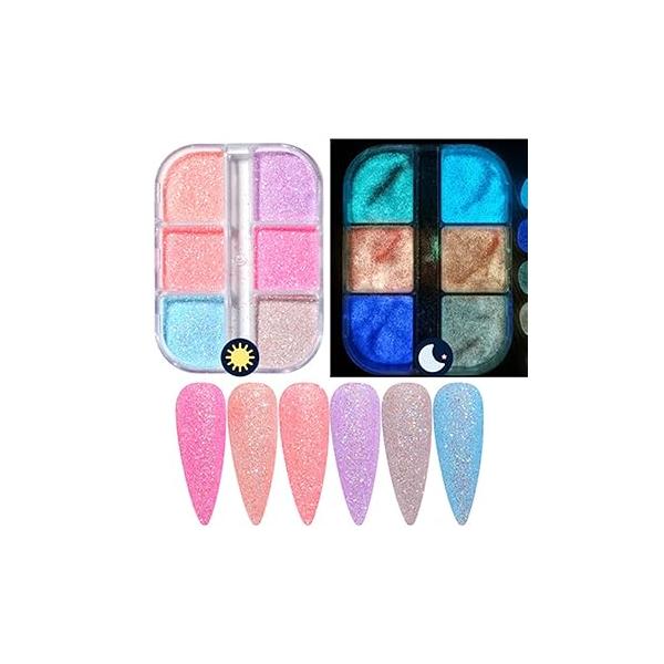 Fluorescent Nail Pigment Powder, Luminous Glitter Flakes Holographic Glow Liquid Art Dust Design Decoration 3D Nails Supplies for Gel Polish DIY Sequins Accessories (6 Colors)