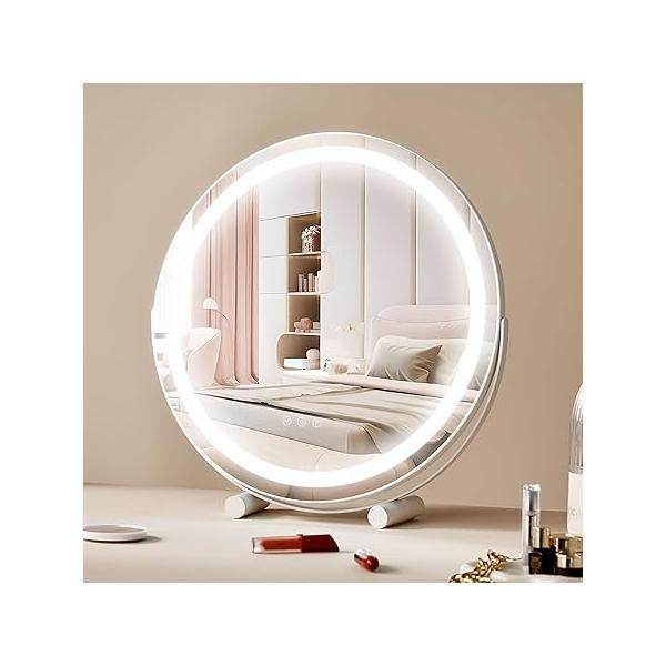 VEVOR 20” Vanity Mirror with Lights, LED Makeup 3 Color Lighting Modes, 5X Magnification Mirror, Smart Touch Control, 360°Rotation,Round Lighted for Bedroom Tabletop (White)