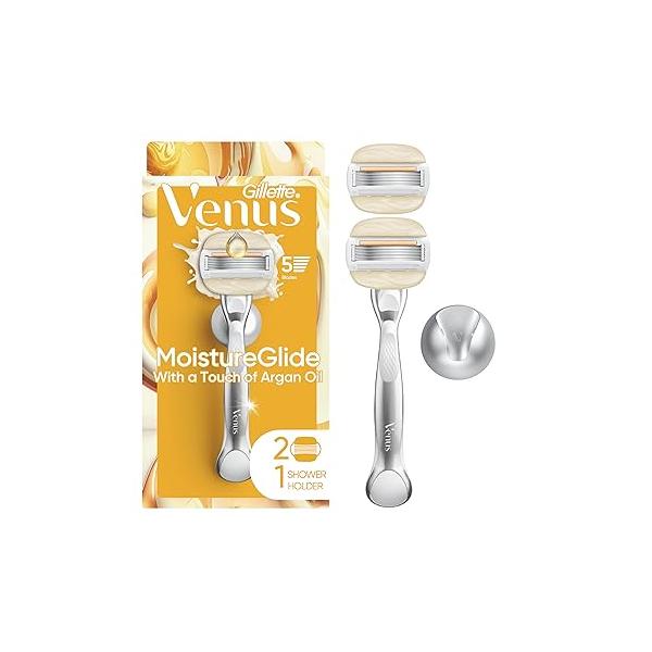 Venus Moistureglide Women's Razor, Reusable Handle, 2 Razor Blade Refills and Shower Holder