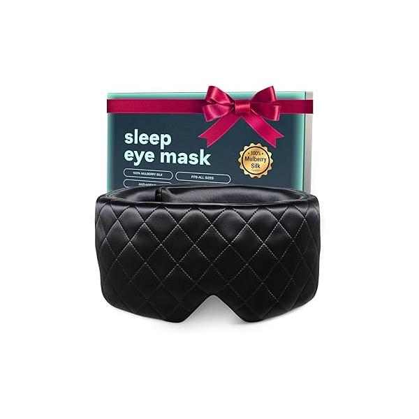 100% Mulberry Silk Sleep Mask for Women & Men - Black Blindfold Eye Cover with Adjustable Straps Night Time Wrap Headband Washing Face Blackout Hair