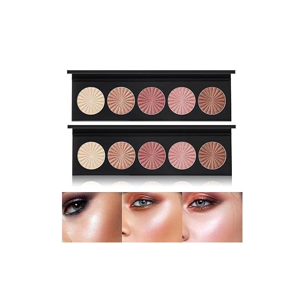 2 Packs Highlighter Powder Palette, 5 Colors Makeup Palette Contour Eyeshadow Kit Waterproof Long Lasting Brilliant Lighten Skin Color Professional Face Shading Set (2, brown, Large)