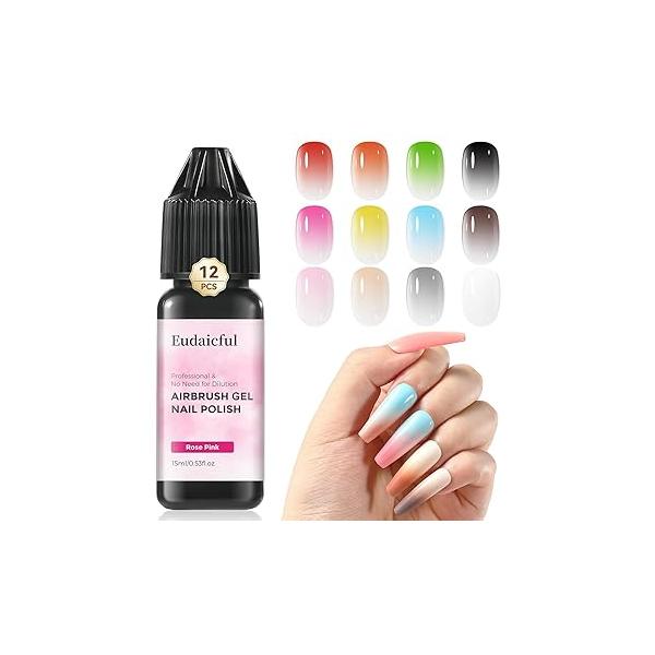 Airbrush Gel Nail Polish: 12 Colors High Pigmented Paint with Fine Mist, No Dilution Needed for Gradients French Art Stencils Home Salon DIY