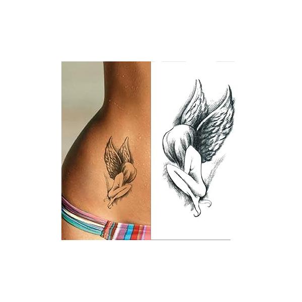 Small Cute Temporary Tattoo Sticker Set of 2 - Sketch Black Dark Angel Designs for Hand Neck Face Wrist, Waterproof Fake Body Art, Simple & Modern Unisex Skin Decals