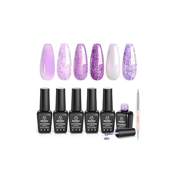 Beetles Pink Gel Nail Polish Set - 6 Colors Shimmer Kit Hot Pearl White Glitter Color Reverie Collection Soak Off Uv LED Lamp Gift for Women & Girls