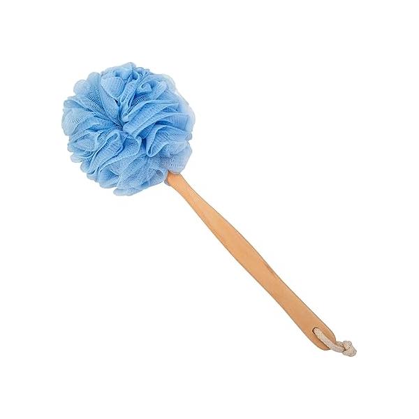 Loofah Back Scrubber for Shower, Wooden Long Handle Bath Sponge Lufa Shower Brush, Soft Nylon Mesh Cleaner Washer, Women & Men Exfoliating Luffa Pouf on a Stick Body (Blue)