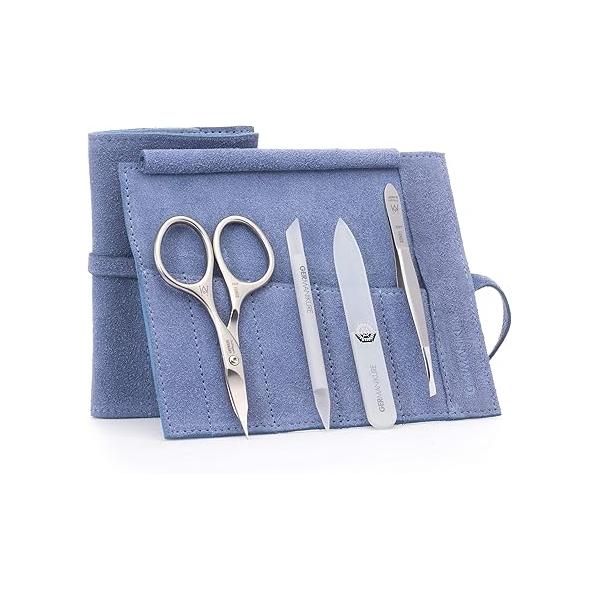 GERMANIKURE 4pc Mini Professional Manicure Set in Light Blue Suede Case - FINOX Stainless Steel Tools Made Solingen Germany, Glass Nail Care Supplies Czech Republic