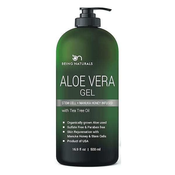 Aloe vera Gel - from 100% Pure Organic Infused with Manuka Honey, Stem Cell, Tea Tree Oil Natural Raw Moisturizer for Face, Body, Hair. Perfect Sunburn, Acne, Razor Bumps 16.9 fl oz