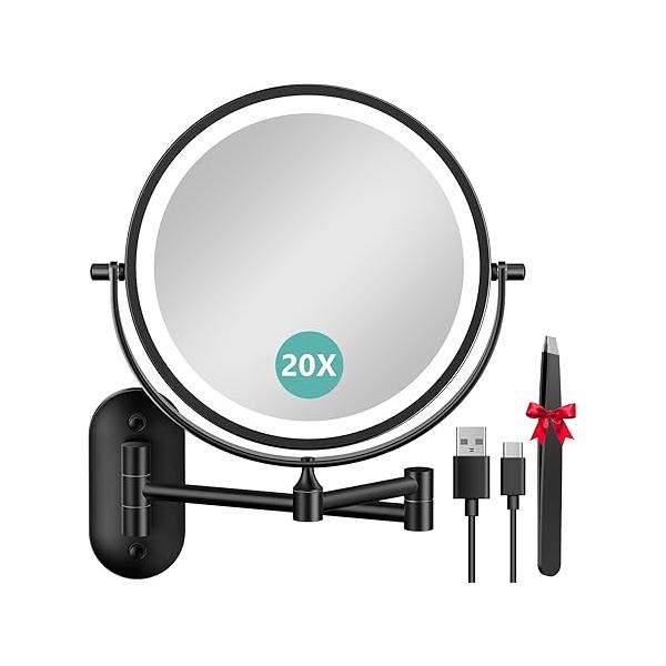 1X/20X Wall Mounted Makeup Mirror with Light, 8" Double-Sided Magnifying Mirror, 3 Color Lights Touch Dimmable Vanity 360° Extension Rotation Foldable 14.5 Inch Arm, Chrome