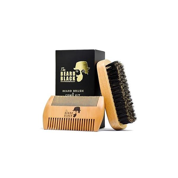 Beard Brush & Comb Set for Men - Natural Boar Bristle Brush, Dual Action Pear Wood Comb, Gift Box Travel Pouch. Enhances Growth Styling with Balm Oil Distribution by The Black (Black)