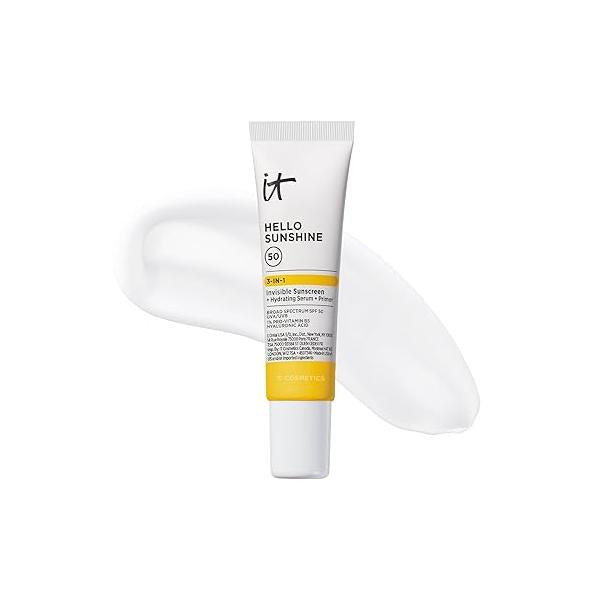 IT Cosmetics Hello Sunshine Invisible Sunscreen for Face SPF 50 - Sunscreen, Hydrating Serum & Makeup Primer 1% Pro-Vitamin B5 Hyaluronic Acid HSA/FSA Eligible No White Cast