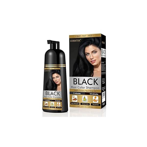 Black Dye Shampoo for Permanent Hair Color - Men&Women, Gray Coverage, Beard & Treated Hair, 3-In-1, 30 Days/500ml/Ammonia-Free/Natural Herbal