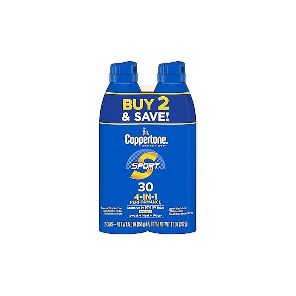 Coppertone Sport SPF 30 Sunscreen Spray, Body Sunscreen, Water Resistant Spray 5.5 Oz, Pack of 2 (Packaging May Vary)