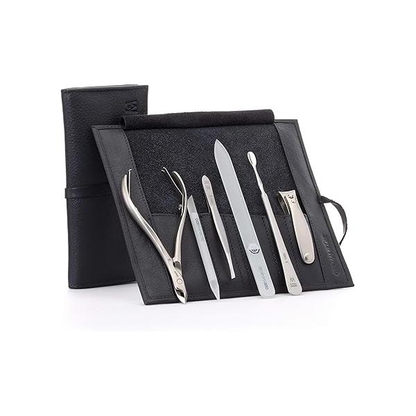 GERMANIKURE 6pc Manicure Set in Beige Leather Case - FINOX Stainless Steel Tools Made Germany, Glass Nail Care Supplies Czech Republic - Professional Cuticle and Kit
