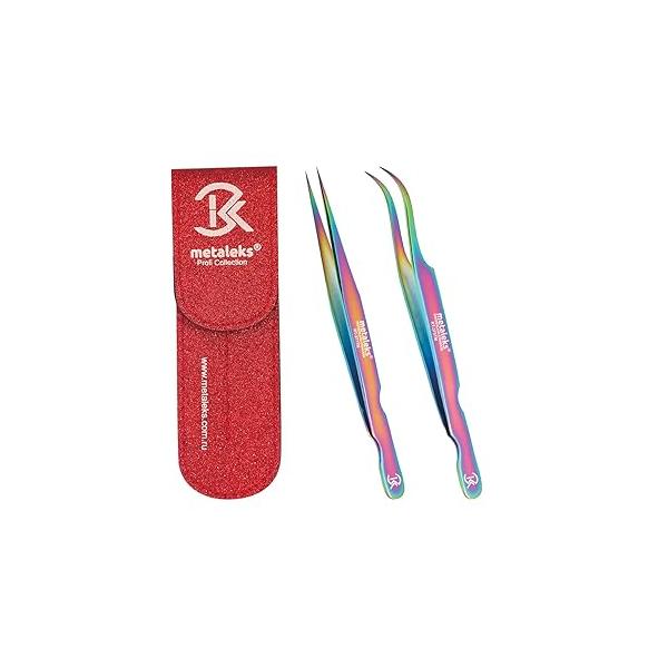 2Pcs Eyelash Extension Tweezers Set Made of Japanese Stainless Steel with Pouch (Multi Titanium Coated)