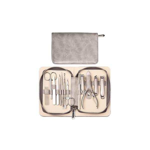 FAMILIFE Manicure Set, Professional Kit Nail Clippers Set 11 in 1 Stainless Steel Pedicure Tools Men Grooming Tool with Portable Brown Leather Travel Case Luxury Gifts for Him