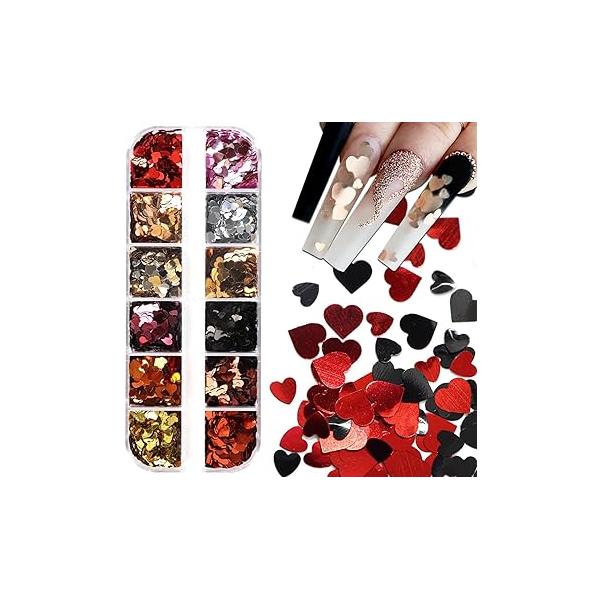 3D Heart Nail Art Stickers & Decals - Gold, Red, Black, Silver Glitter Sequins for Acrylic Nails Valentine's Day Accessories