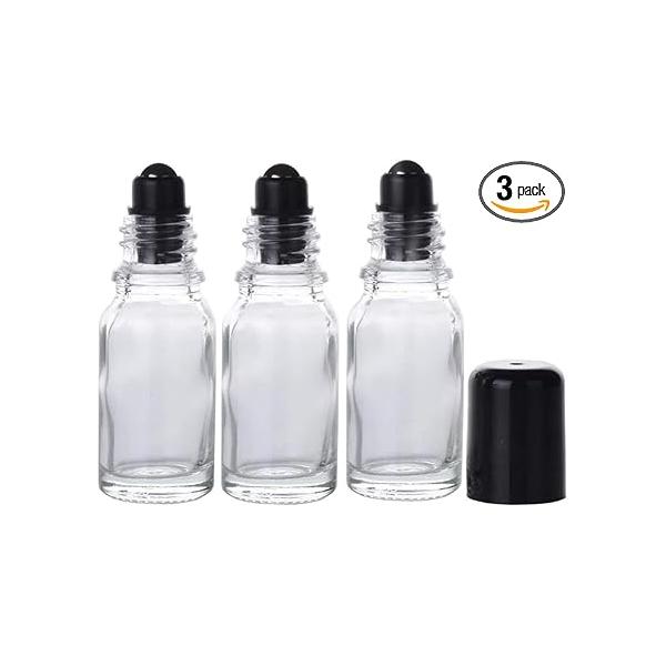 3Pcs 30ML Clear Glass Empty Refillable Roll-On Bottles with Stainless Steel Roller Ball and Black Cap Essential Oil Perfume Eye Essence Fluid Cosmetic Containers Dispense Sample Vials for Beauty