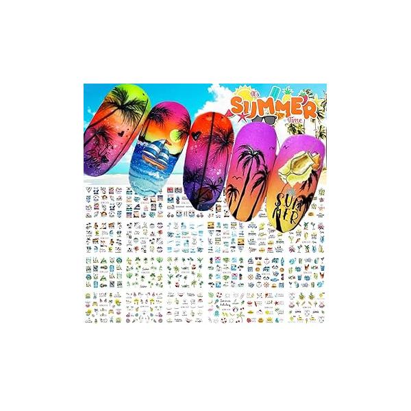 24 Sheets Summer Nail Art Stickers, Palm Tree Beach Water Transfer Decals, 3D Anchor Design DIY Manicure Decorations for Women Girls