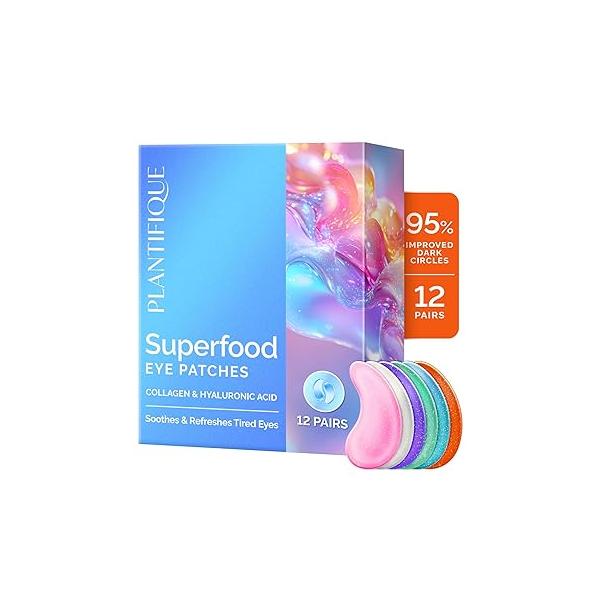 PLANTIFIQUE Superfood Under Eye Patches - 24 Pairs with Hyaluronic Acid for Dark Circles & Puffy Eyes Anti-Aging Skincare Gel Mask, Gift Women Men