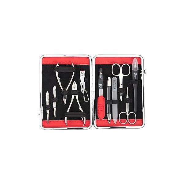 3 Swords Germany - brand quality 11 piece manicure pedicure grooming kit set for professional finger & toe nail care scissors clipper red genuine leather case in gift box, Made