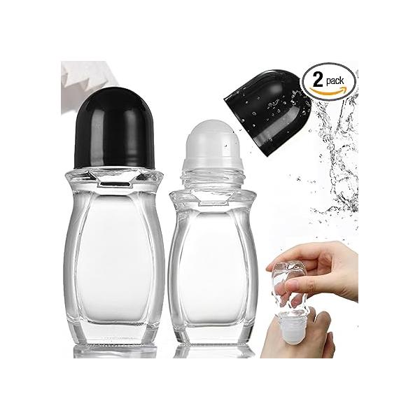 2PCS Glass Empty Roller Bottles with Plastic Ball, Deodorant Roll On Containers Leak Proof Massage Ball Cap For Essential Oils Perfume Cosmetics (30ml+50ml)