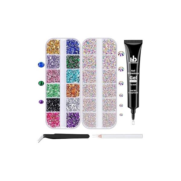 Nail Art Rhinestone Glue Gel&2 Boxes Flatback Gems Kit, 1 Tube of 15ml Gel Glue+Colorful Gems+Flat Back Round Glass Crystal AB&Clear Gemstones with Pickup Tools