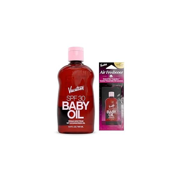Vacation Baby Oil SPF 30 & Air Freshener Bundle, Hydrating Nourishing, Mineral-Oil Free, Lightweight Formula, Transparent On All Skin Tones, Travel Size Sunscreen, 3.4 Fl. Oz.