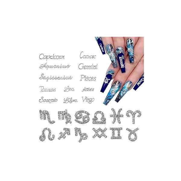 48 Pieces Pink and Silver Alloy Zodiac Nail Charms Signs Studs Constellation Words for Nails Twelve Set Women Girls Art Decoration