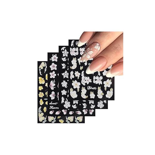 Baoximong 9 Sheets Flower Nail Art Stickers Decals 3D Self-Adhesive Spring Floral Supplies Charming Daisy Leave Peony Accessories for Women Decorations Design