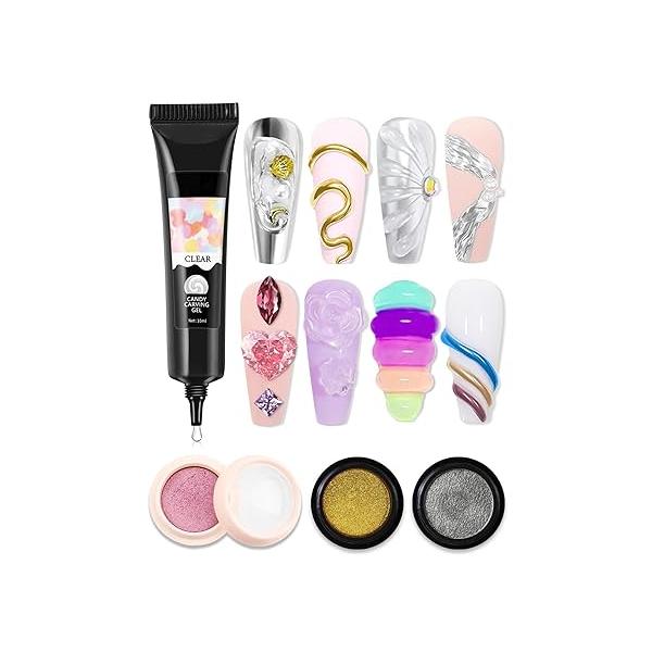 3D Sculpting Gel for Nail Art,10g Clear Modeling Liner Carving Polish with Chrome Powder Set Gold Sliver Champagne Metallic Effect Mirror Charms 5D Embossed kit