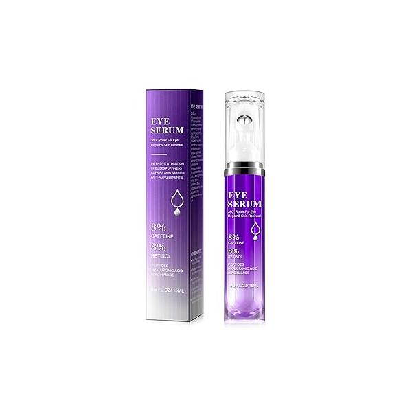 8% Caffeine Eye Cream & Under Serum for Dark Circles and Puffiness Care Roller with 360° Massage Ball Treatment Women Reduce Wrinkles Fine Lines