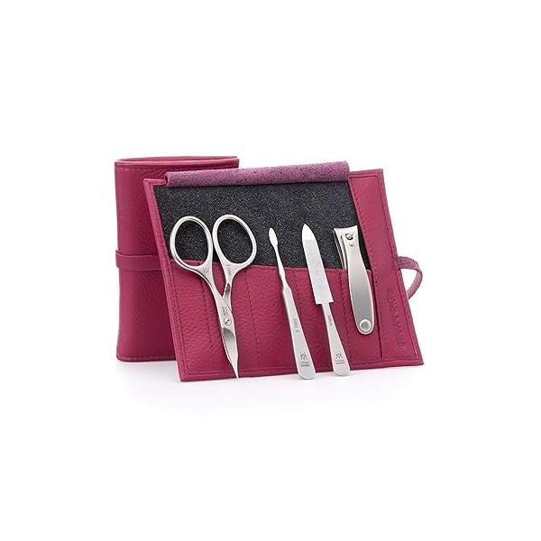 GERMANIKURE 4pc Manicure Set in Yellow Leather Case - Made Solingen Germany, FINOX Stainless Steel Tools - Professional Quality Compact Nail Grooming Kit