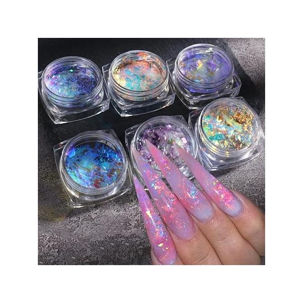Holographic Opal Nail Art Glitter Flakes Powder Aurora Iridescent Pigment Ice Crystal Mermaid Paillettes Sparkly Sequins Design for Manicure Decoration Accessories 12 Grids