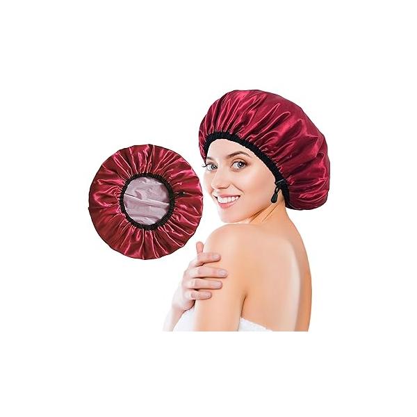 Shower Cap for Women, Large Caps Reusable Waterproof with Elastic Band, Silky Satin Double-layer Bath Braids Long Hair