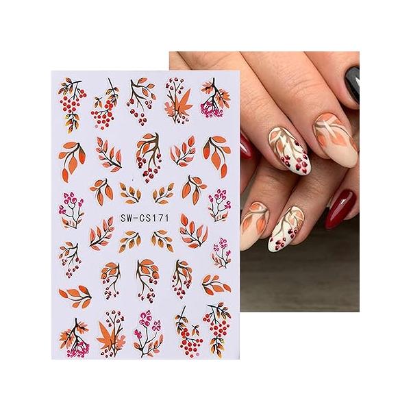 Fall Maple Leaf Nail Art Stickers Thanksgiving Water Transfer 3D Self-Adhesive Fallen Leaves Flowers Plants Designs Theme Autumn Harvest Decorations 4Sheets