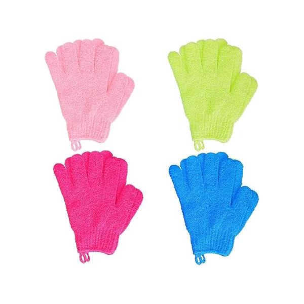 4 Pairs Bath Exfoliating Gloves Scrub, Double Sided Mitts Scrubs for Shower, Shower Body Scrubber Glove, Bathing Accessories Bath, Spa, Massage（Rose, Orange, Purple, Purplish Red）