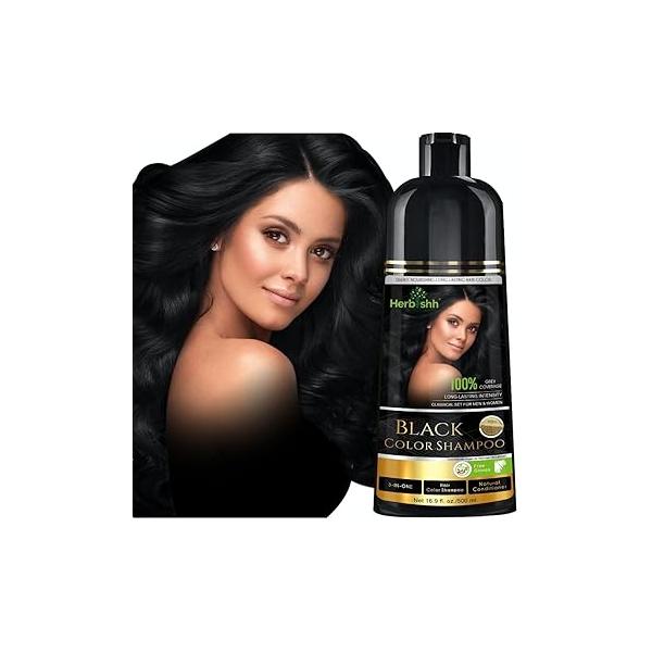 Herbishh Hair Color Shampoo for Gray - Natural Dye Colors in Minutes Lasts Up To 3-4 Weeks 500ML 3-In-1 Colors, Cleanses, and Conditions (Black)