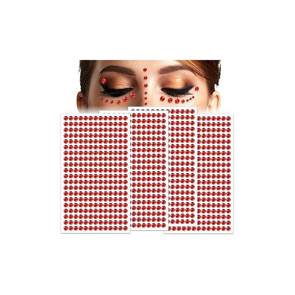 4 Sheets Red Facial Gems, Adhesive Round Face Jewels Stickers for Nose Eyes Hair, Multi Size Rhinestone Women Makeup Gems Daily Use, Festivals (3 mm, 5 6 mm)