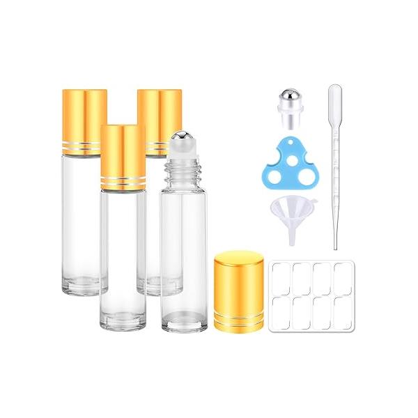 4 Pack, 10ml Essential Oil Roller Bottles, Amber Glass Balls for Oils, Empty Rollerball Bottles Travel Refillable Roll on Perfume with Caps