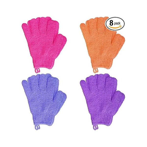 4 Pairs Bath Exfoliating Gloves Scrub, Double Sided Mitts Scrubs for Shower, Shower Body Scrubber Glove, Bathing Accessories Bath, Spa, Massage（Rose, Orange, Purple, Purplish Red）