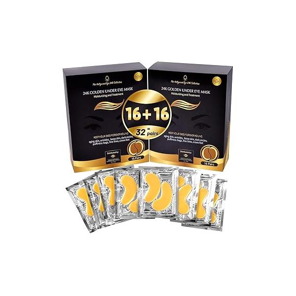 24K Gold Under Eye Patches, Mask, Patches for Puffy Eyes and Dark Circles, Masks Skincare, eye patches puffy eyes dark circles, treatment, Care (32 Pairs)
