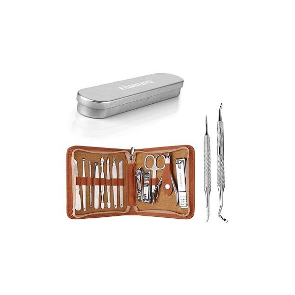 FAMILIFE F03 13pcs Manicure Set and L07 100% Stainless Steel Ingrown Toenail File Lifter Double Sided with Storage Case (Ingrown File)
